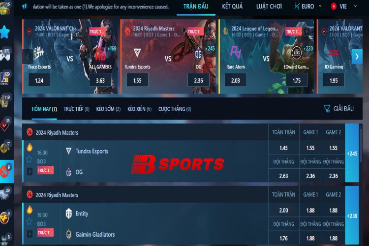 Bảng kèo cho các trận đấu Valorant trên Bsports