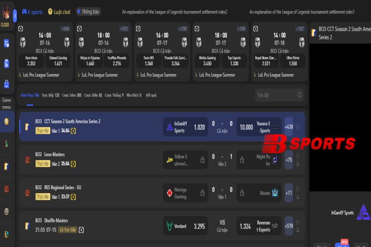 Giao diện cược Esports trên trang game Bsports