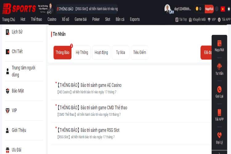 Hệ thống Bsport thông báo sự kiện vào hộp thư cho khách hàng