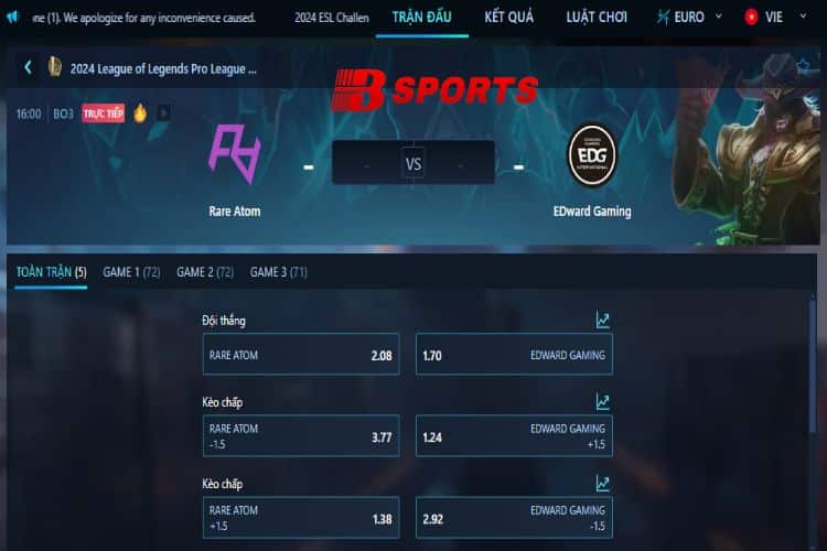 Tỷ kèo trận đấu LOL có sự góp mặt của Rare Atom